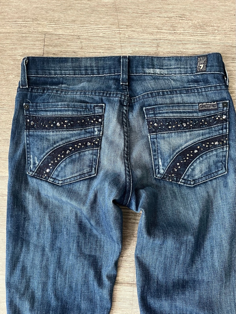 7 For All Mankind Women's Boot Cut Jeans - Blue with Studded Back Pockets